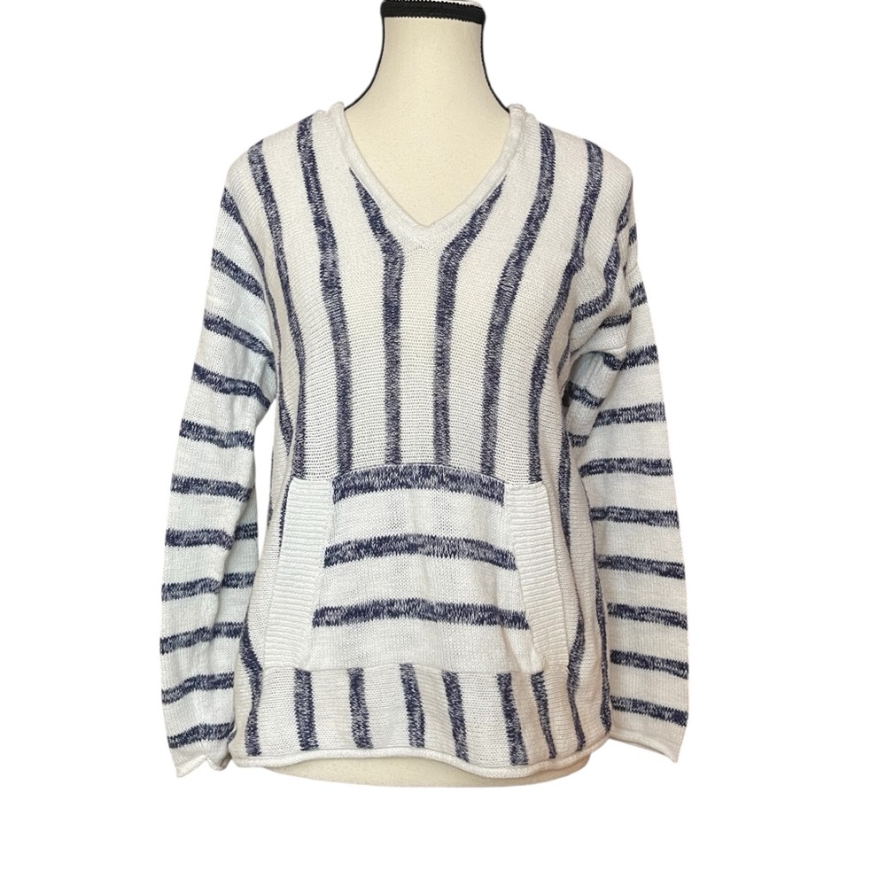 Michael Stars Baja Hoodie Sweater Wht Navy Stripe Kangaroo Pocket Beach Pullover - Picture 2 of 11